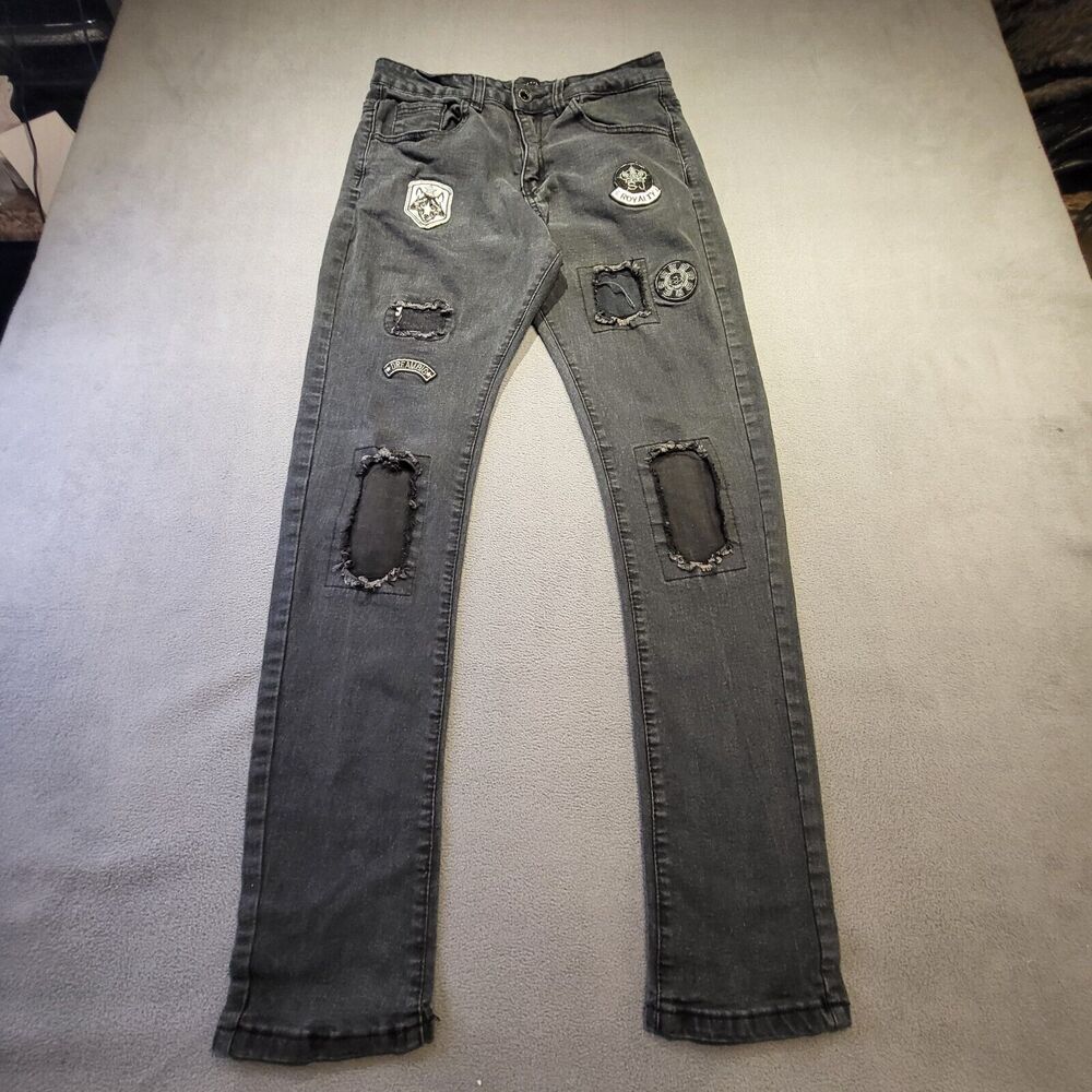Sean John Girls Size 18 Black Straight Leg Jeans Distressed‎ Patches Denim